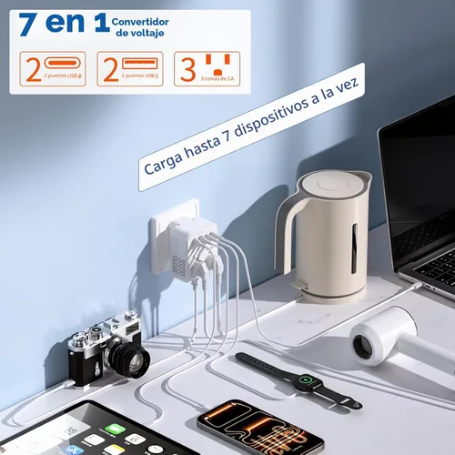 Vista 2 de Convertidor de voltaje de 2000 W de EE. UU. a Europa para secadores de pelo, convertidor de 220 V a 110 V para viajes europeos con 3 puertos AC/2