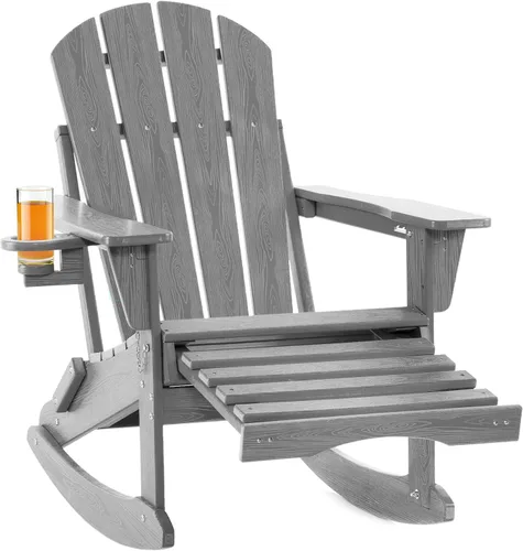 Vista 9 de Silla mecedora Adirondack ajustable con otomano retráctil, silla plegable multifuncional 4 en 1 para patio con portavasos, silla de exterior