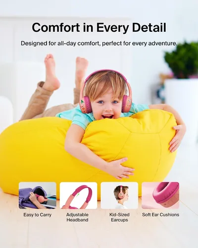 Vista 6 de Belkin SoundForm Mini con estuche - Auriculares inalámbricos Bluetooth para niños con vida útil de batería de 30H, límite de volumen seguro de 85dB