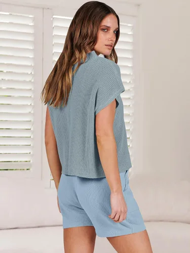 Vista 4 de ANRABESS Conjunto de dos piezas para mujer, suéter corto, suéter y pantalones cortos, conjunto de ropa de descanso
