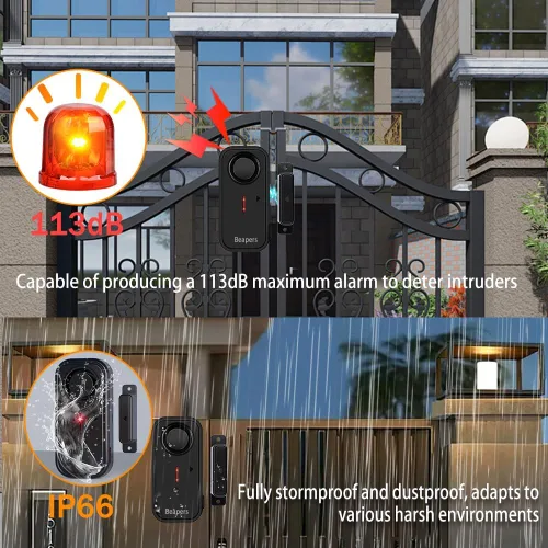 Vista 2 de Alarma de seguridad personal impermeable para puerta/ventana, IP66 resistente al agua con control remoto, 113 dB, modo alarma/timbre, espaciado