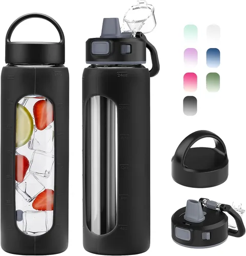 Vista 14 de Kodrine - Botella de agua de vidrio de 20 onzas con popote y 2 tapas para fácil transporte, con asa, funda de silicona y marcador de tiempo, botella