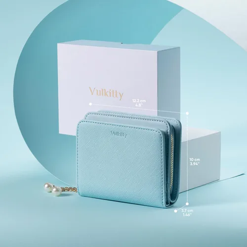 Vista 7 de Cartera para mujer con colgante de perlas RFID bloqueo tarjeta de crédito cartera de cuero premium, Celeste, Minimalista