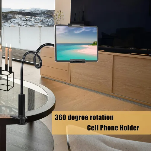 Vista 4 de Soporte para tableta para cama, soporte de cuello de cisne con clip flexible de brazo largo para tabletas, abrazadera de montaje en mesa, soporte
