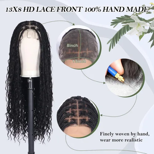 Vista 3 de Alebery Pelucas Trenzadas de Caja Bohemias Sin Nudos de Encaje Frontal HD 13X8 para Mujeres Negras Pelucas de Trenzas de Caja Bohemias con Rizos