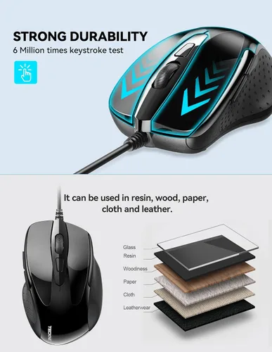 Vista 5 de TECKNET Ratón USB con Cable, Ratón de 6 Botones con Cable para Computadora con 4 DPI Ajustables, Ratones Ópticos para Computadora con Diseño