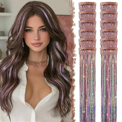 Vista 29 de FESHFEN Juego de 12 extensiones de cabello con clip, color negro, con clip, con purpurina, kit de accesorios coloridos para mujeres, de 20 pulgadas
