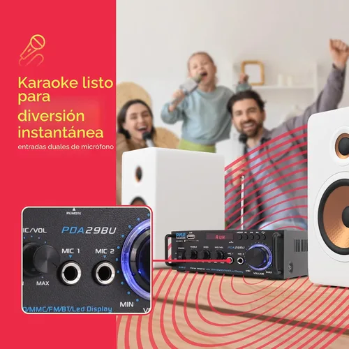 Vista 4 de Pyle Amplificador de potencia estéreo Bluetooth inalámbrico de 200 W, receptor de audio de doble canal con RCA, USB, SD, entrada de micrófono, radio