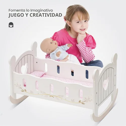 Vista 5 de Cuna de Muñecas de Madera ROBOTIME, Cuna de Muñecas con Balancín, Ropa de Cama Reversible para Niñas, Para Muñecas de Hasta 20 Pulgadas (Blanco)