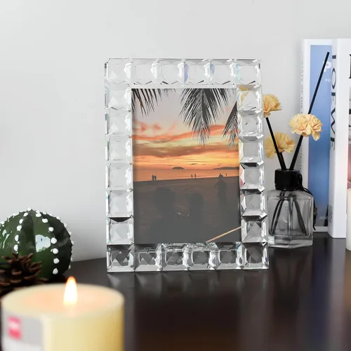 Vista 4 de Marco de fotos de cristal de lujo, diseño de cuadrícula de diamante, marco de fotos de recuerdo de boda, marco de decoración de mesa, transparente