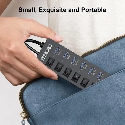 Vista 9 de Hub USB alimentado con cable de 4 pies para PC, 7 puertos de datos USB3.0 y 1 puerto de carga inteligente con adaptador de corriente e interruptores