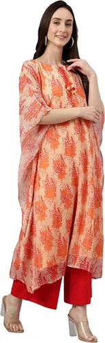 Vista 5 de Janasya Kurta de caftán con estampado floral de lúrex de gasa naranja india para mujer