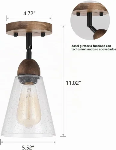 Vista 4 de Lámpara de techo rústica de cristal empotrado, mini pantalla de vidrio transparente y madera de roble, lámpara de techo semiempotrada para cocina