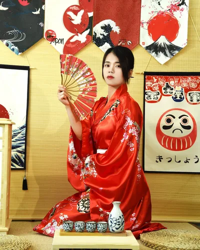 Vista 5 de PLULON 5 piezas bata japonesa Geisha Yukata vestido flor satén albornoz