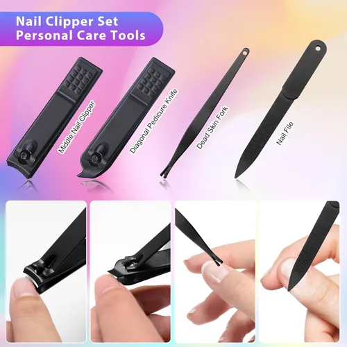 Vista 4 de CGBE Juego de cortaúñas, 12 piezas de acero inoxidable para hombres, juego de manicura y pedicura para regalos para hombres, color negro