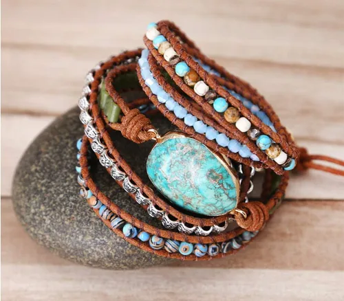 Vista 3 de ZOSOJONA - Pulseras bohemias hechas a mano de piedra natural, que dan vuelta, con cuentas de cristal de turquesa