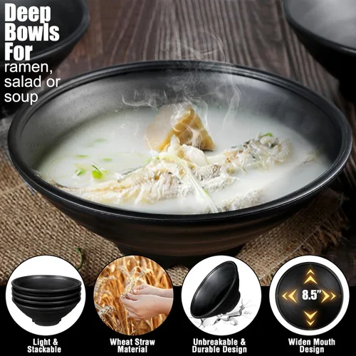 Vista 3 de shopwithgreen Juego de 4 tazones de ramen japonés de plástico fino y paja de trigo, cuencos grandes de ramen de 44 onzas para sopa de fideos Pho