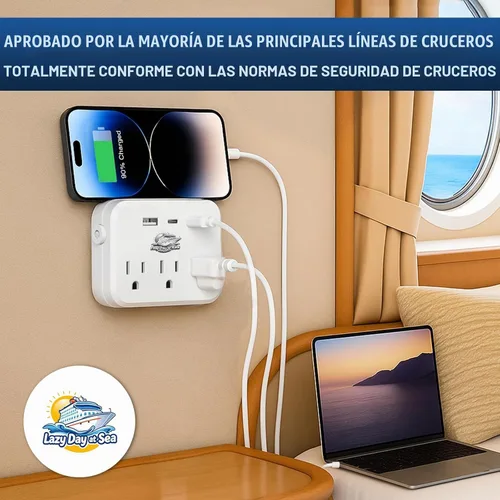 Vista 6 de Regleta de alimentación sin sobretensión (6 en 1) compatible con cruceros con 3 salidas de CA, 2 puertos USB y 1 USB-C, 2500W, carnaval, noruego