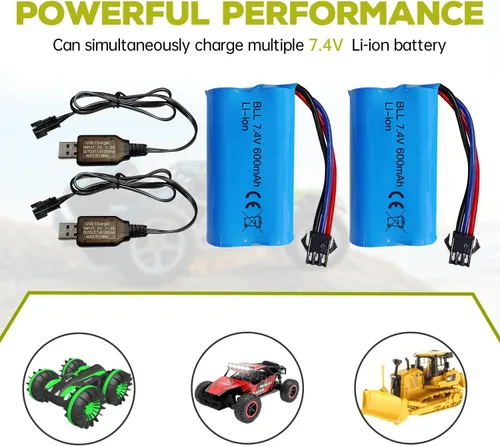 Vista 4 de 2 unids 7.4 V 600 mAh 2S batería de iones de litio con enchufe SM-3P con 2 unids cable de carga USB para DE82 TK3086B G20601 RC juguete RC coche