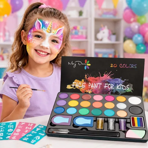 Vista 3 de Maydear Kit de pintura facial para niños, paleta de maquillaje a base de agua de 20 colores con plantillas, purpurina, pastel dividido de arcoíris