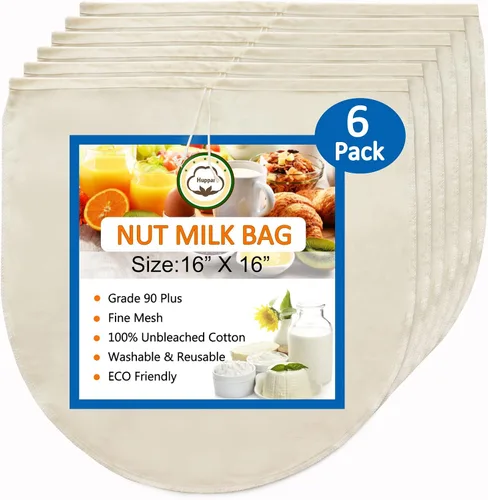 Vista 8 de Paquete de 3 bolsas de leche de nuez de 16 x 16 pulgadas para colar, 100% tela de algodón sin blanquear, gasa reutilizable, colador para leche