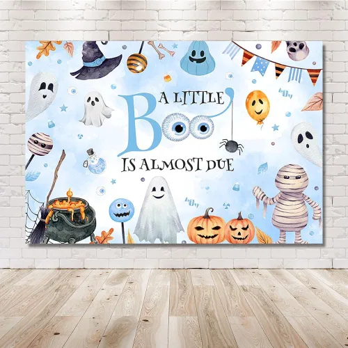 Vista 6 de MEHOFOND Telón de fondo de Halloween de 7 x 5 pies con texto en inglés "A Little Boo is Almost Due Pumpkin Photography Background Blue Watercolor