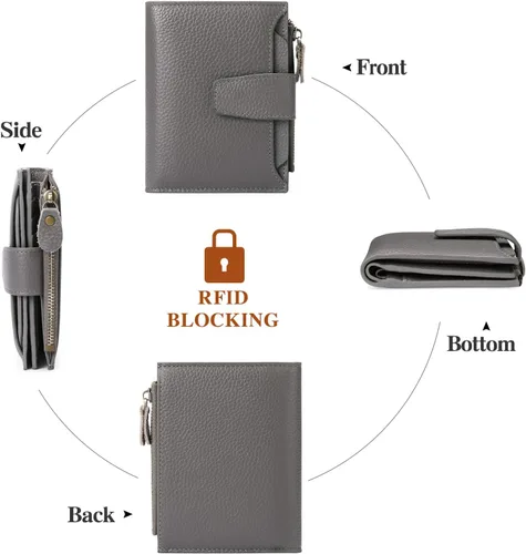 Vista 4 de FALAN MULE Cartera pequeña para mujer, de piel auténtica, plegable, compacta, con bloqueo RFID, pequeña cartera para mujer, Gris-oscuro, Casual