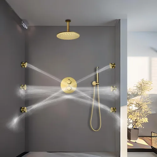 Vista 3 de Cabezal de ducha de lluvia de techo LED redondo de oro cepillado de 10 pulgadas, DULABRAHE termostático para baño, sistema de ducha de lluvia de Oro