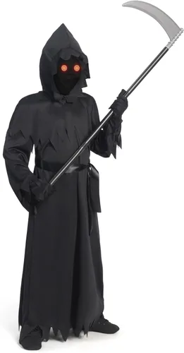 Vista 3 de Spooktacular Creations Disfraz unisex de la parca para niños, disfraz de Halloween con ojos rojos brillantes para niños para pedir truco o trato