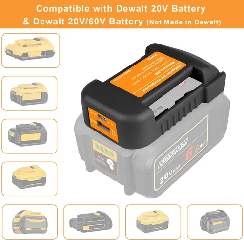 Vista 2 de Paquete de 2 adaptadores de cargador USB compatibles con batería Dewalt de iones de litio de 20 V con salida USB e interfaz de carga rápida tipo C