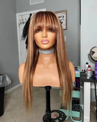 Vista 7 de #1B/27 Pelucas de cabello humano ondulado suelto con flequillo HD transparente encaje frontal pelucas de cabello humano natural Stright densidad