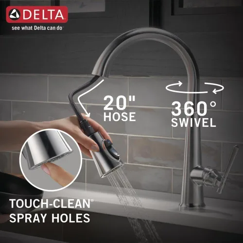 Vista 7 de Grifo de cocina Delta Faucet Emmeline de níquel cepillado, grifos de cocina con rociador desplegable, grifo de fregadero de cocina, cabezal