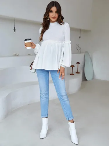Vista 5 de MakeMeChic Camisa de maternidad de manga larga con cuello alto falso y ribete de volantes para mujer