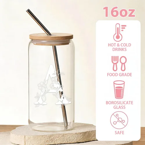 Vista 2 de Regalos personalizados para mujeres, tazas de vidrio con monograma con tapas y pajitas, regalos personalizados para mujeres, vasos de café helado