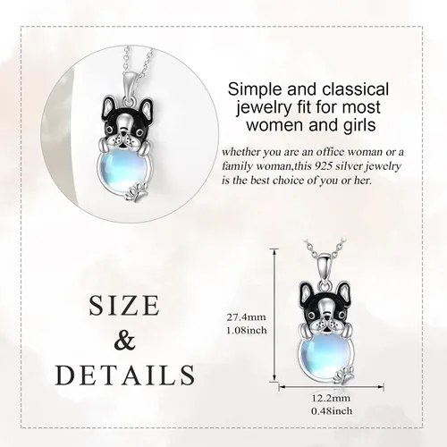 Vista 4 de KQF Collar de plata de ley con diseño de gato y bulldog francés, vacapanda, lindo animal con piedra lunar, regalo de joyería para mujeres y niñas