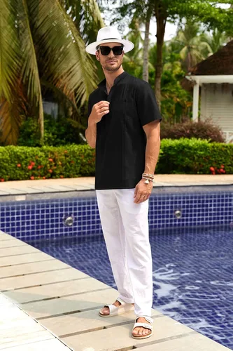 Vista 5 de PASLTER Camisa Henley de algodón y lino para hombre, de manga corta, estilo hippie, informal, para la playa