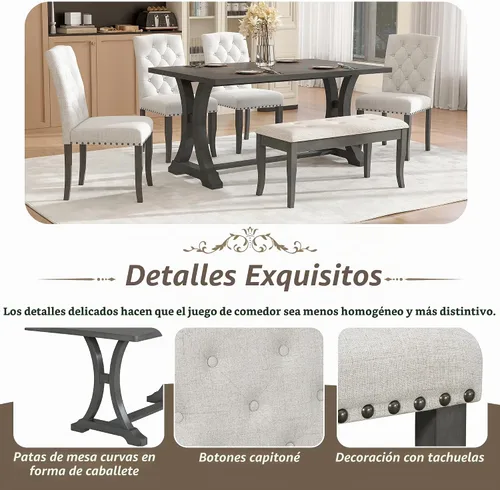Vista 5 de Juego de mesa de comedor de 6 piezas estilo granja, mesa rectangular con soporte y 4 sillas tapizadas y banco, juego de muebles de cocina