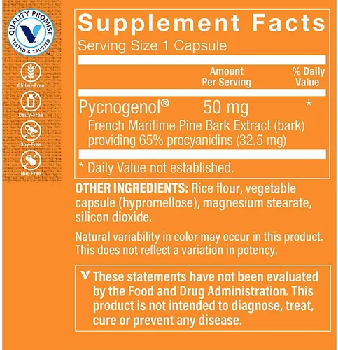 Vista 2 de The Vitamin Shoppe Pycnogenol 50mg - Antioxidante que apoya la salud cardiovascular, de la piel y celular (90 cápsulas)