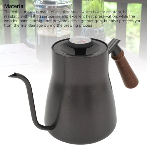 Vista 5 de Hervidor de café de cuello de cisne, hervidor de café de 28.7 fl oz con termómetro, boquilla larga y delgada, mango de madera de acero inoxidable