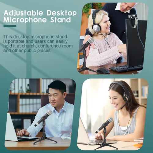 Vista 7 de Paquete de 3 soportes de micrófono de escritorio portátil plegable con soporte de clip para micrófono, altura ajustable, soporte de micrófono