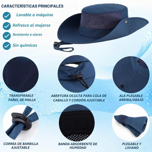 Vista 3 de Cooling Sun Bucket Hat, UPF 50+ Wide Brim Boonie Hat with Ponytail Hole 01 Azul marino