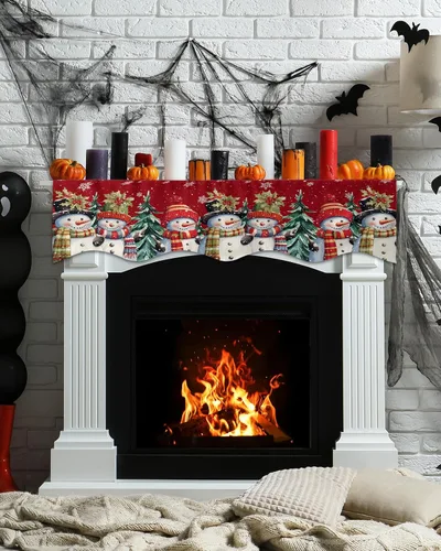 Vista 3 de Bufanda para Repisa de Chimenea de Navidad de 60 x 17 Pulgadas, Muñeco de Nieve Rojo Árboles de Navidad Bufanda para Repisa de Chimenea Cubierta