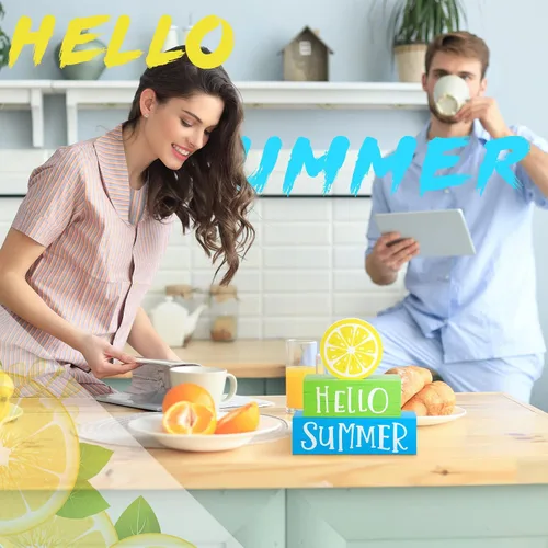 Vista 2 de Yulejo Decoración de bloque de madera de verano de 3 piezas de Hello Summer Limón, decoración de bandeja rústica con bloques decorativos para casa