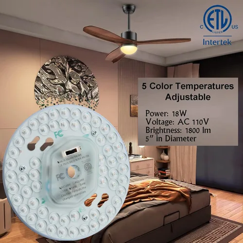 Vista 2 de Ventilador de techo LED regulable de 18 W, luz de montaje empotrado, kit de reacondicionamiento del motor, bombilla fluorescente circular de panel