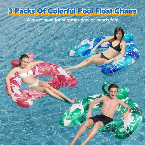 Vista 2 de KEUCL Flotadores de piscina, paquete de 3 sillas inflables para piscina con portavasos y asas, flotadores de piscina para adultos y niños, perfectos