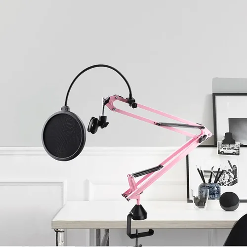 Vista 5 de Brazo de brazo de brazo de micrófono de suspensión resistente Tijera soporte de micrófono Shock Mount & Pop Filter, Adjustable Desk Clamp, Blue