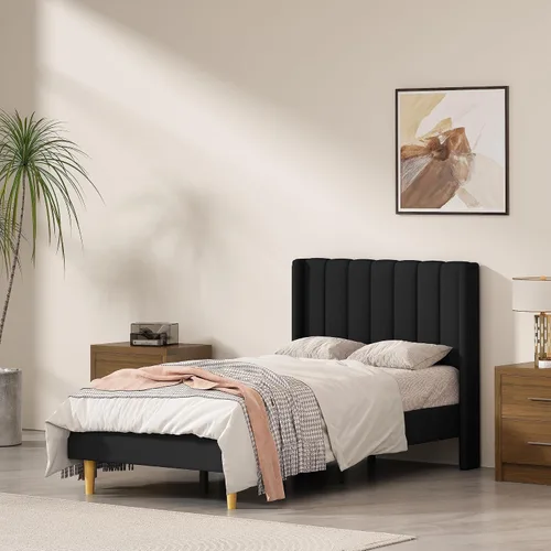 Vista 22 de Marco de cama tapizado de terciopelo individual con cabecera con respaldo de ala, color crema Cama de plataforma capitoné de canal vertical
