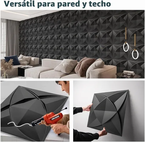 Vista 4 de Art3d Paneles decorativos texturizados de PVC 3D para decoración de paredes interiores en sala de estar, dormitorio en negro, paquete de 33