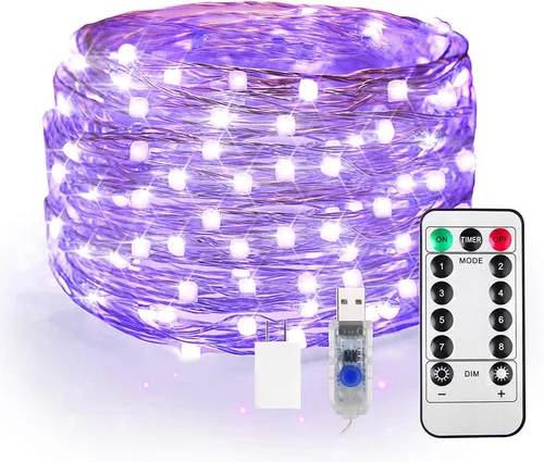 Vista 9 de Paquete de 2 luces negras UV, funciona con pilas, 16.4 pies 2835 luces LED UV, 8 modos, luces negras flexibles, luces de hadas con control remoto