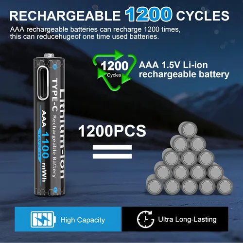 Vista 3 de Baterías de litio AAA recargables USB de 1100 mWh (paquete de 4, 1.5 V), baterías triple A con cable tipo C, 1200 ciclos, batería AAA de larga